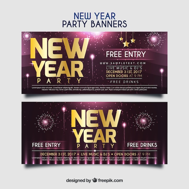 Free vector realistic new year banners with shiny shapes