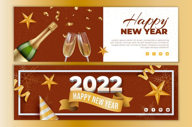 Realistic new year horizontal banners set with champagne