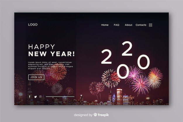 Realistic new year landing page and fireworks