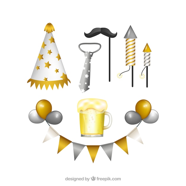 Realistic new year party element collection in golden and silver