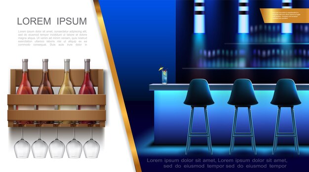 Realistic night club interior concept with bar chairs cocktail on counter wine bottles in wooden box and wineglasses