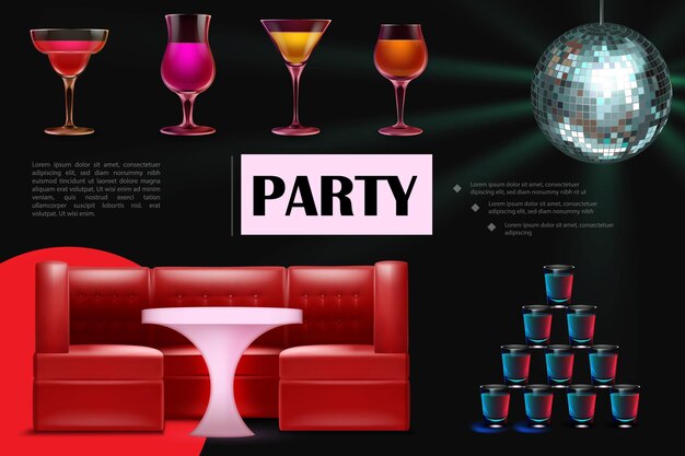 Реалистичная композиция для ночной танцевальной вечеринки с бокалами красочных коктейлей, рюмками, красным диваном, столиком и сверкающим диско-шаром