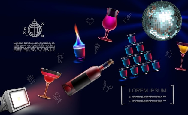 Collezione di elementi di festa notturna realistica con cocktail infuocati bevande riflettori bottiglia di alcol frizzante palla da discoteca
