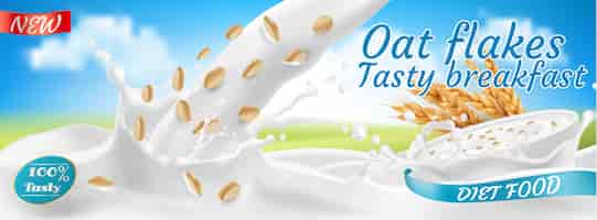 Free vector realistic oat flakes in milk, package. rolled grains in white bowl with splashing