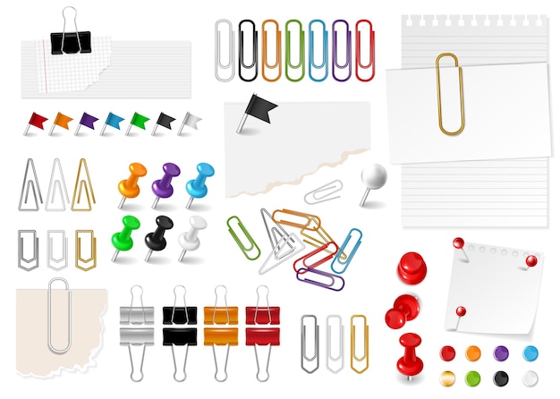 Free vector realistic office paperclip set with isolated icons of stationery clips and push pins on blank background vector illustration