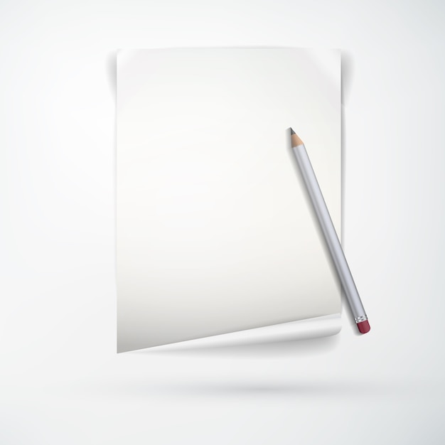 Free vector realistic office stationery concept with blank paper sheet and wooden pencil on light  isolated