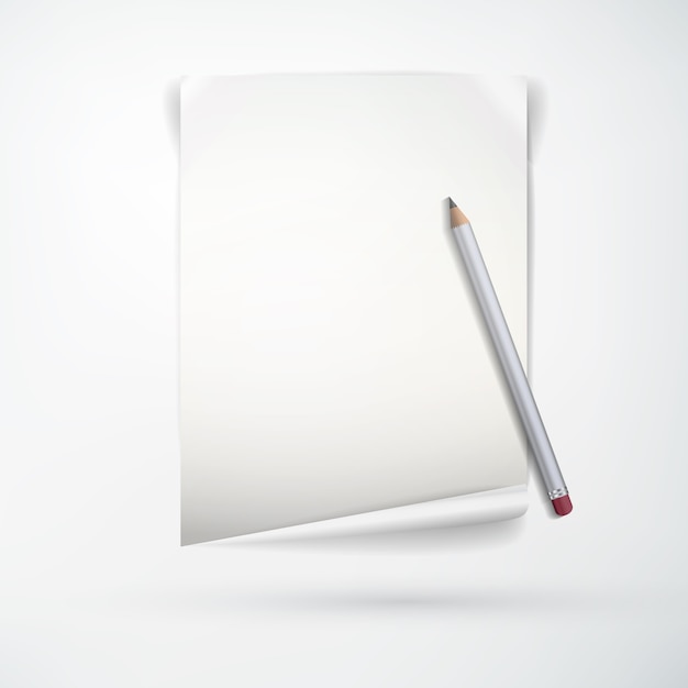 Realistic office stationery concept with blank paper sheet and wooden pencil on light  isolated