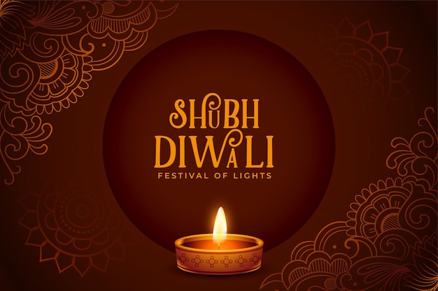 Vettore gratuito diya ad olio realistico su sfondo marrone per il festival indiano diwali