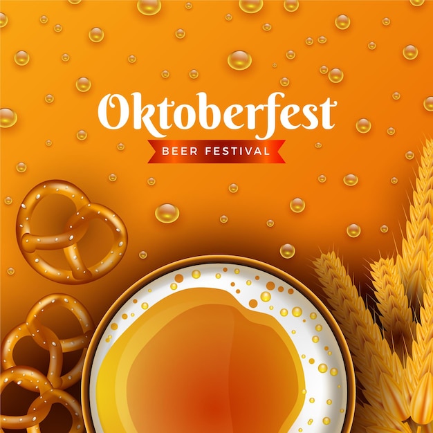 Realistic oktoberfest background with beer and pretzels