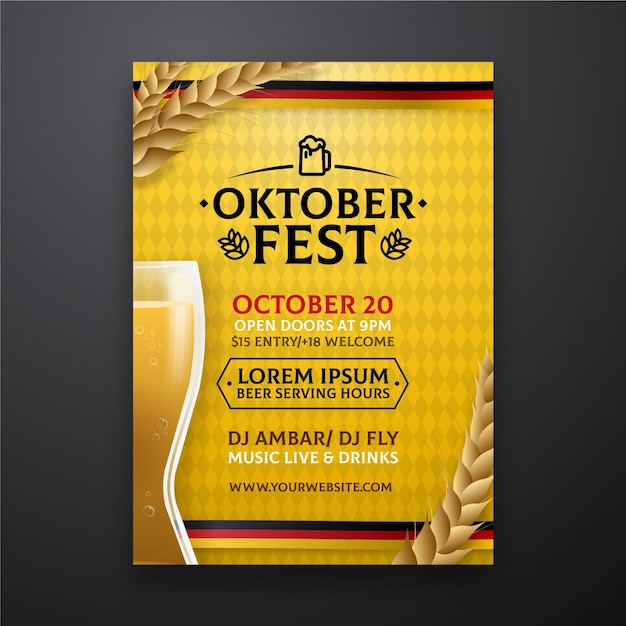 Vettore gratuito realistico poster più oktoberfest con bicchiere di birra