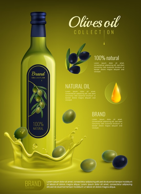 Composizione pubblicitaria realistica dell'olio d'oliva