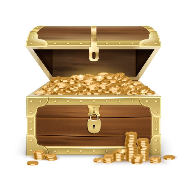 Realistic open old wooden chest with golden coins and lock on white  isolated