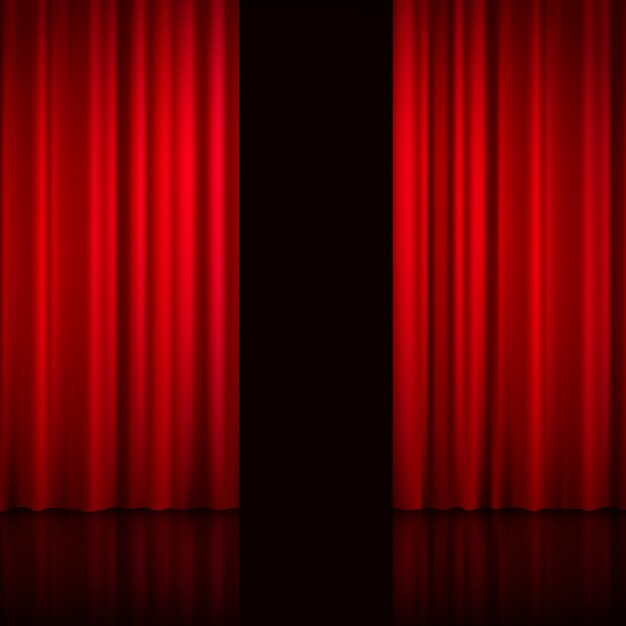 Realistic open red curtains with shadows and black hole instead of scene behind the curtains vector illustration