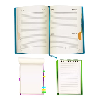 Realistic opened notepad organizer planners with blank paper sheets, spiral binders Free Vector