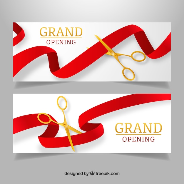 Realistic opening banners with golden scissors