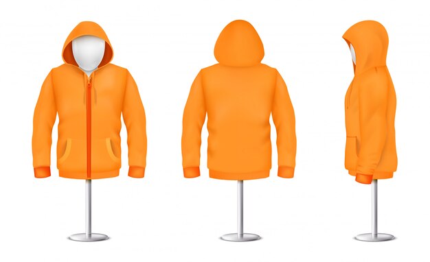Realistic orange hoodie with zipper on mannequin and metal pole, casual unisex model 