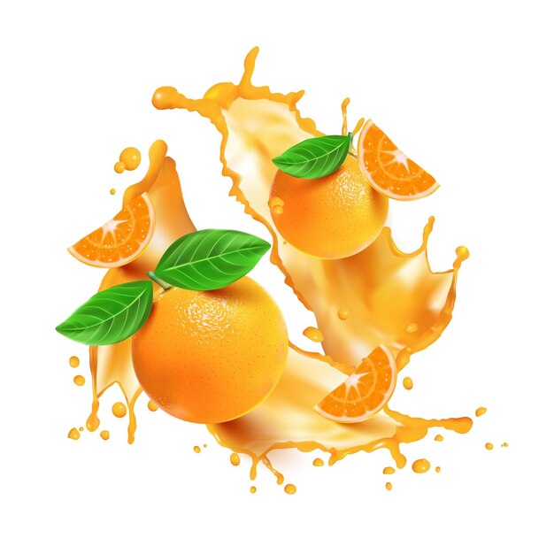 Realistic orange splash and fruit