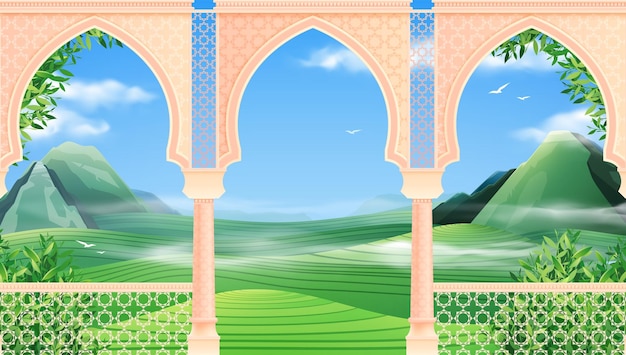 Free vector realistic oriental arches with view of green valley hills and blue sky vector illustration