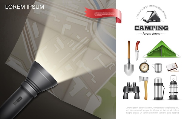 Free vector realistic outdoor recreation elements concept with flashlight lying on map shovel tent axe knife compass binoculars thermos lantern matches