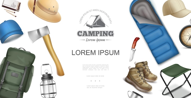 Free vector realistic outdoor recreation template with backpack axe caps panama hat matches lantern boots knife navigational compass sleeping bag cup