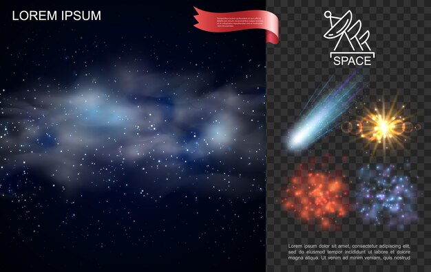 별 블루 성운 떨어지는 혜성 스파클 및 햇빛 효과와 현실적인 우주 공간 구성