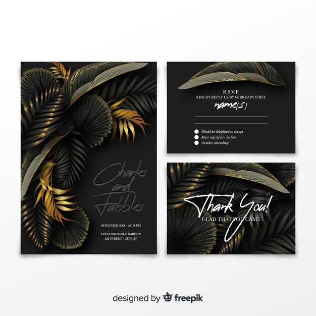 Realistic palm leaves wedding invitation template