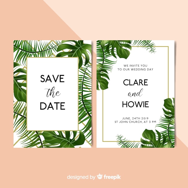 Free vector realistic palm leaves wedding invitation template