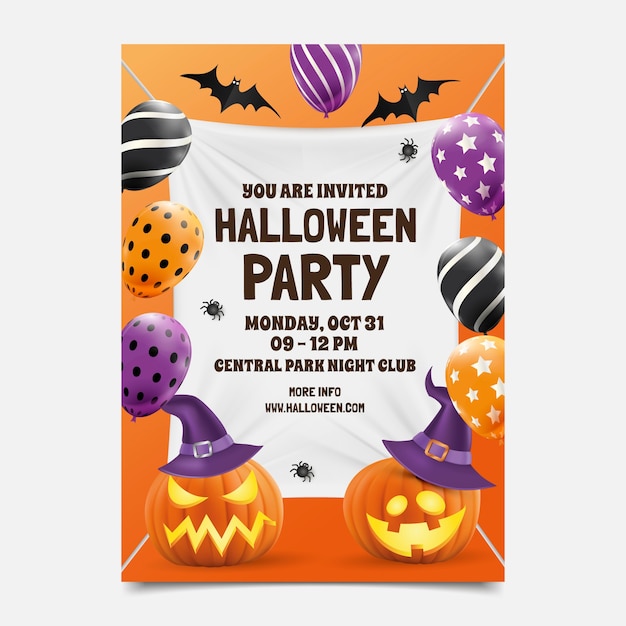 Free vector realistic party invitation template for halloween celebration