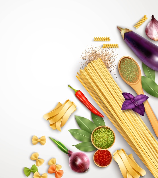 Free vector realistic pasta template with ingredients and products for its cooking