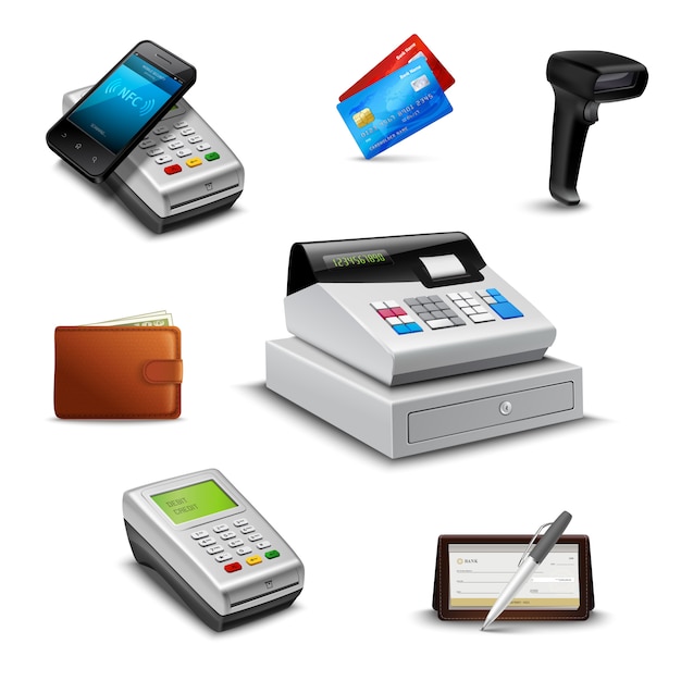 Free vector realistic payment set with cheque wallet barcode reader