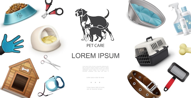 Realistic pets care concept with dog house cat travel carrier comb scissors shampoo food glove clipper bone leash collar  illustration