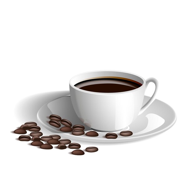 白い背景で隔離のコーヒーカップとコーヒー豆のリアルな写真。ベクトルイラスト。