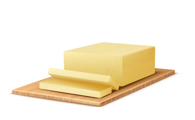 Realistic piece of butter on wooden tray. Slices of milk dairy product, fatty margarine