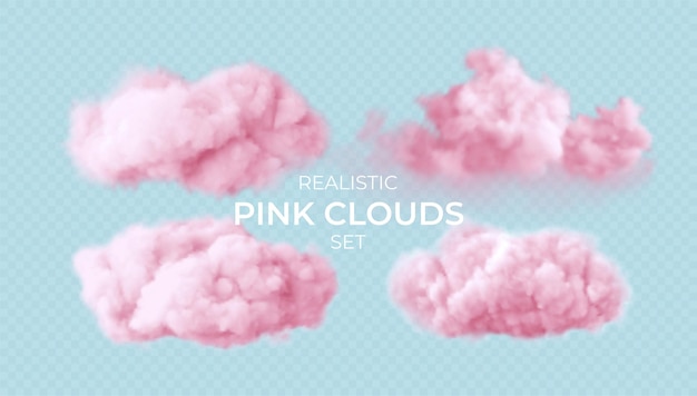 Realistic pink fluffy clouds set isolated on transparent