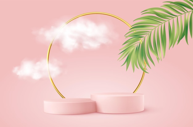 Podio di prodotto rosa realistico con arco a tutto sesto dorato, foglia di palma e nuvole