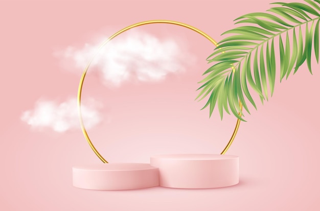 Realistic pink product podium with golden round arch, palm leaf and clouds