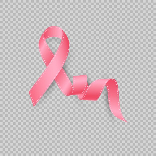 Realistic pink ribbon isolated on transparent background. Breast cancer awareness month symbol, vector illustration