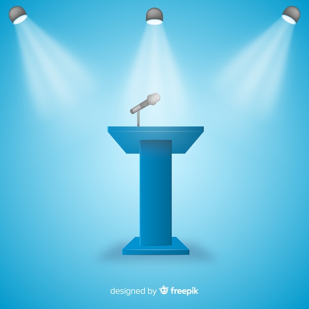 Realistic podium for conference blue background