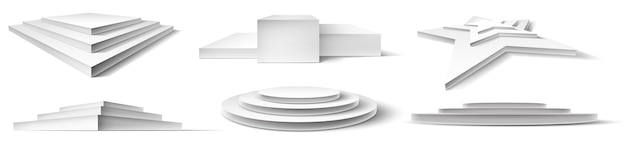 Реалистичный подиум белый 3d пустой пьедестал и платформа подиумов различной формы для церемонии награждения Premium векторы