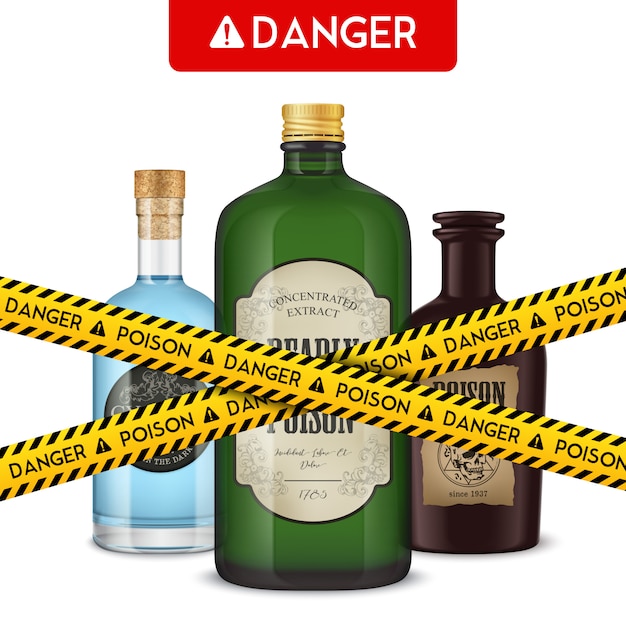 Free vector realistic poison bottles and cordon tape with text danger vector illustration