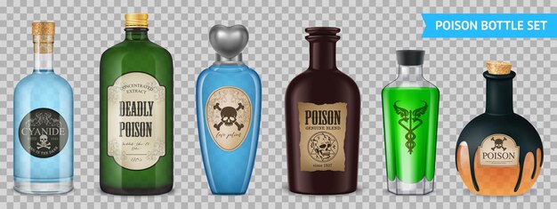 Realistic poison transparent set with isolated images of magic bottle vessels with labels on transparent surface illustration
