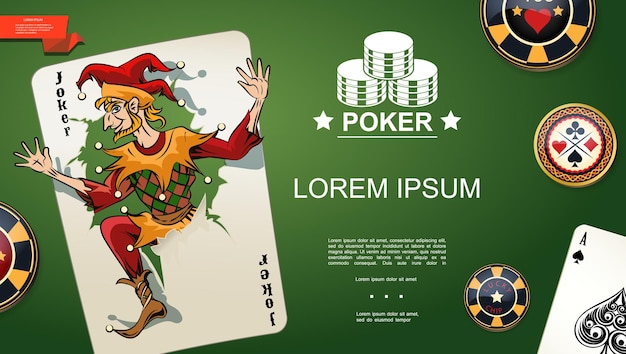 Реалистичный шаблон покера с джокером и тузом пик игральных карт и фишек на зеленом фоне стола казино