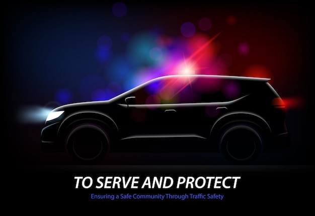 Realistic police car lights with profile view of moving automobile with glowing lights and editable text vector illustration