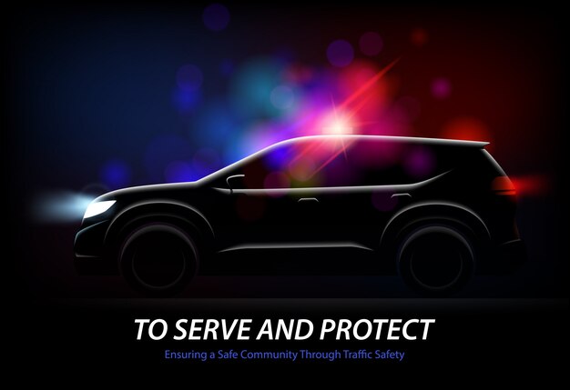 Realistic police car lights with profile view of moving automobile with glowing lights and editable text vector illustration