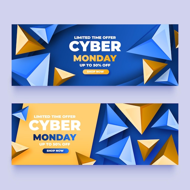 Realistic polygonal cyber monday horizontal banners set