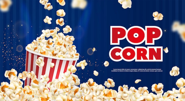 Realistic popcorn poster with flakes falling to bucket on blue background vector illustration