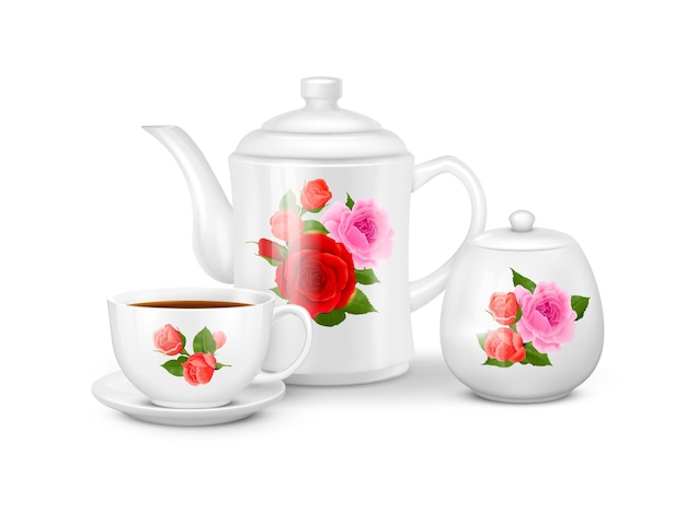 Free vector realistic porcelain tea or coffee set with white cup saucer teapot