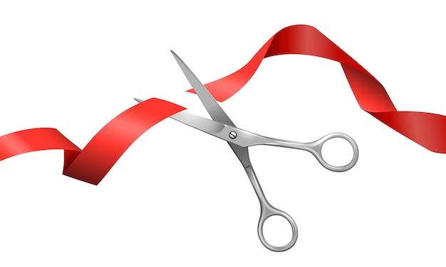 Реалистичная презентационная композиция, состоящая из металлических ножниц, перерезающих летящую красную шелковую ленту на белом фоне векторной иллюстрации