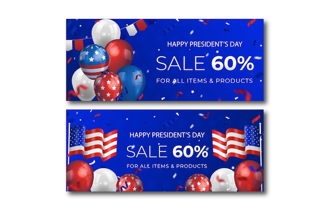 Vettore gratuito set di banner orizzontali realistici per la vendita del giorno dei presidenti