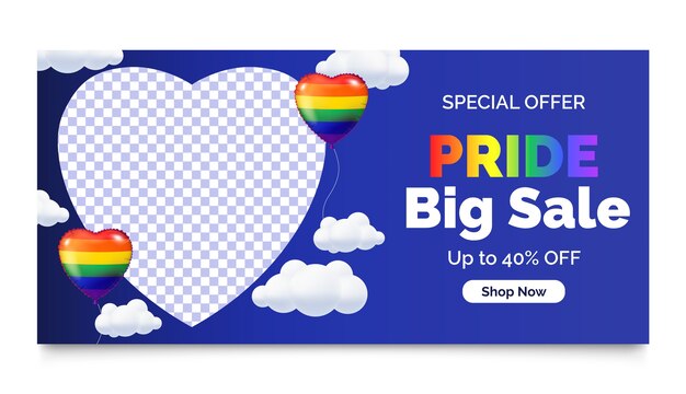Realistic pride month horizontal sale banner template